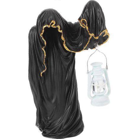 Statue de sorcier fantôme avec lanterne, figurine d'horreur en résine pour décoration de jardin extérieur pour Halloween, sculpture de fantôme sans visage avec lumière brillante (noir) (1/5)