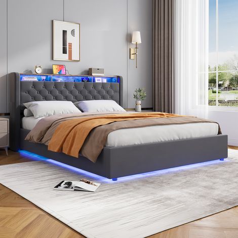 Cama con canapé abatible 160x200 con almacenamiento, cabecero con estante y terciopelo gris oscuro OKMYHOME (1/5)