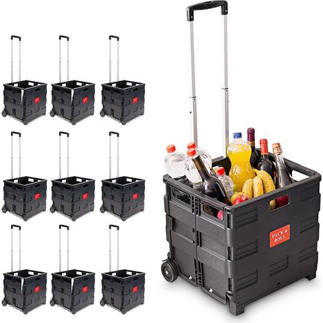 Relaxdays Shopping Trolley, Set of 10, 35kg, Adjustable Handle & Wheels, HWD: 100 x 42 x 37 cm, Plastic, Black