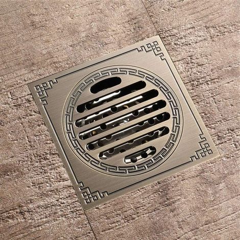 Piletta di scarico a pavimento quadrata da 10 cm in ottone anticato, adatta per bagni e docce, con filtro per acque reflue. (1/4)