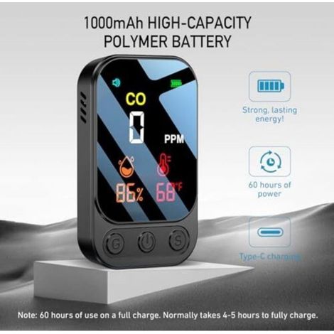 Détecteur monoxyde carbone portable - Écran LCD et alarme Batterie rechargeable - Maison et voyage - 3 en 1 CO T H (1/5)