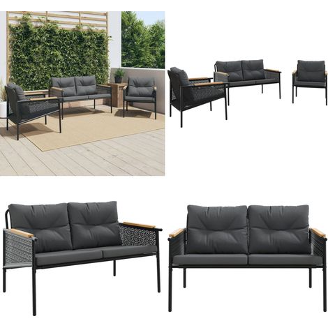 vidaXL 3-tlg. Balkonmöbel-Set mit Kissen Schwarz Stahl (1/5)