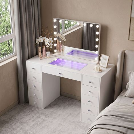 FENCHILIN Coiffeuse avec Miroir LED 11 Tiroirs Blanc 130 x 55 x 139 cm