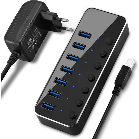 Aktiver USB 3.0 Hub mit Netzteil 7 Ports USB 3.0 Hub Aluminium Aktiver USB Port Verteiler mit 5V 2A Netzteil und Schalter-RAPANDA