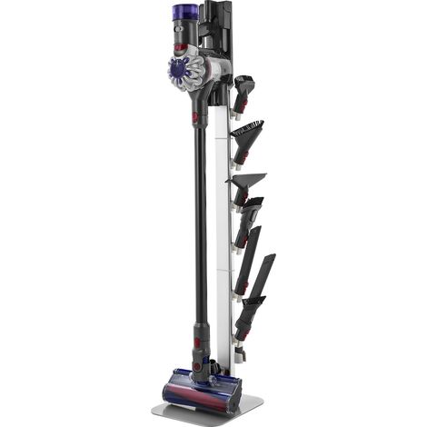 Support d'Aspirateur pour G5, V15, V12, V11, V10, V8, V7, V6, Porte-aspirateur Vertical Rangement Stable avec Accessoires, 6 Crochets et Patins Antidérapants, pour Espaces Restreints, Gris (1/5)