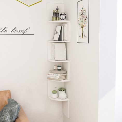 5 Tier Floating Wall Corner Shelves Display Storage Rack, White