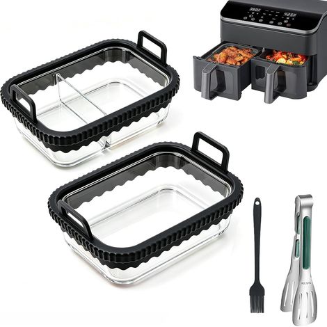 Lot de plats en verre borosilicate compatible avec les friteuses et autres friteuses à air chaud, avec pinceau et pince à barbecue, passe au four jusqu'à 300 °C, résistant aux (1/5)