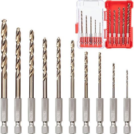 Jeu de 10 forets hélicodaux M35 HSS à queue hexagonale (1,5 – 6,0 mm) – adaptés pour l'acier inoxydable, les métaux durs, l'acier trempé, l'aluminium et le cuivre. (1/5)