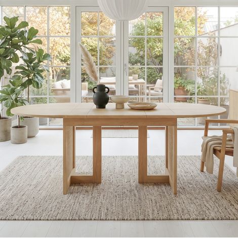 Tavolo da pranzo allungabile 160x80x75 cm, angoli arrotondati, gambe con dettagli in rattan, MDF, rovere (1/5)