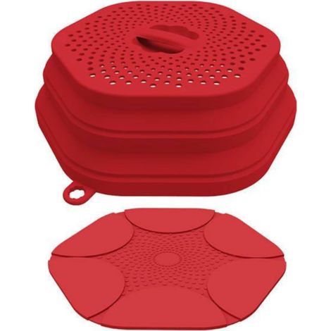 BRAVIX Kit couvercle pour micro-ondes multifonction avec tapis antidérapant,Couvercle micro-ondes sans BPA,Passoire pliante, Accessoires de cuisine,Égouttoir pliable,Organisateur de cuisine (Pack Roug (1/4)