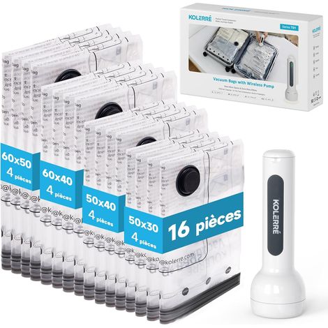 Sacs de rangement sous vide avec pompe à vide sans fil rechargeable, 16 pièces en 4 tailles (60x50 cm, 60x40 cm, 50x40 cm, 50x30 cm), adaptés au rangement des vêtements et des valises (1/5)
