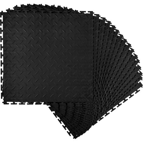 Dalle de sol garage emboîtable, 16 pièces 513x513x5 mm, PVC antidérapant, motif diamant, pour atelier, entrepôt, réserve, noir. (1/5)