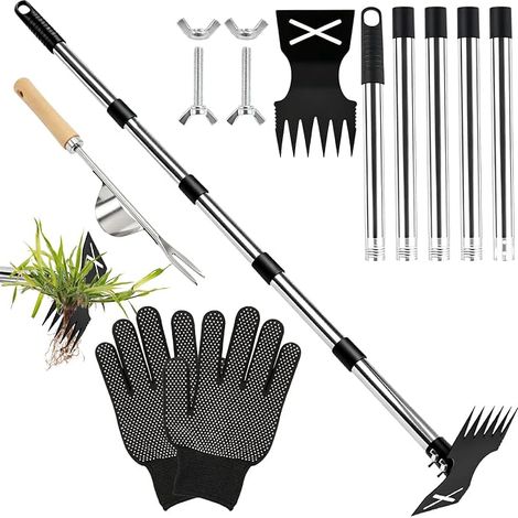 Désherbeur avec long manche – Râteau à mauvaises herbes 2 en 1 et hachette de jardin, extensible de 180 cm pour un désherbage sans danger pour le dos (gants inclus) (1/5)