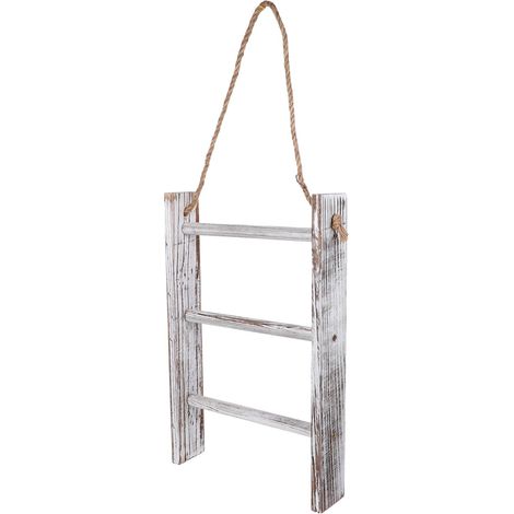 Porte-Serviettes Mural en Bois Massif 3 Niveaux sans Perçage Corde, Échelle Légère et Rustique pour Rangement Serviettes et Décoration Maison (1/5)