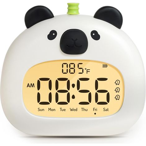 Panda-Wecker für Kinder, LCD-Nachtlicht mit einstellbarer Helligkeit, USB-aufladbar, 3 Alarme und Weckassistent, ideal als dekoratives Geschenk für Jungen- und Mädchenzimmer.