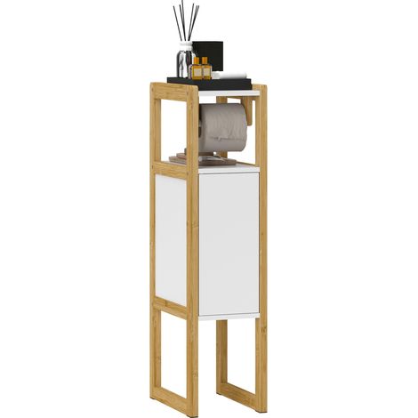 Meuble de salle de bain gain de place avec porte-papier toilette, placard et étagère en bambou, 20 x 33 x 80 cm, blanc (1/5)