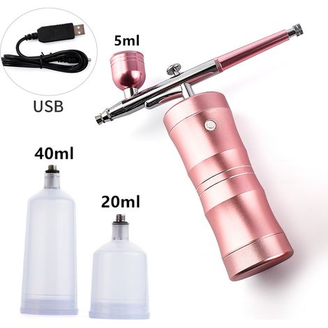 Kit Aérographe avec Compresseur, 34 PSI Pistolet à Air Comprimé, Rechargeable, Portable, Sans Fil, avec Buse de 0,4 mm pour Peinture, Nail Art, Tatouage - Rose (1/5)