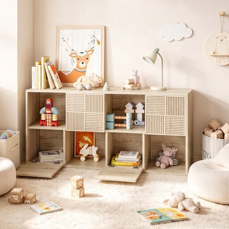 Bibliothèque - Étagère modulaire 125×30×60 cm – style nordique - 8 compartiments avec 4 portes - style moderne - Chêne Clair (1/5)