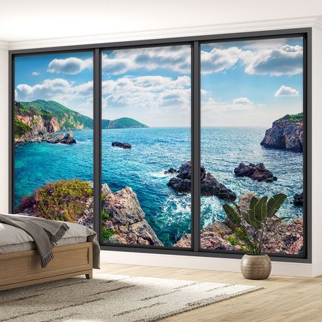 Papier peint panoramique Trompe l'oeil baie vitrée - Vue mer - 195 cm x 117 cm (1/5)