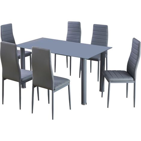 Mesa de Cristal Templado + 6 Sillas Polipiel. Comedor o Cocina