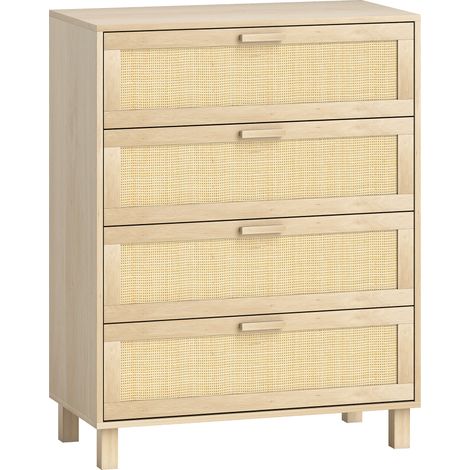 Commode 4 tiroirs cannage rotin, 80x40x103 cm, MDF aspect bois clair, rangement salon ou chambre (1/5)