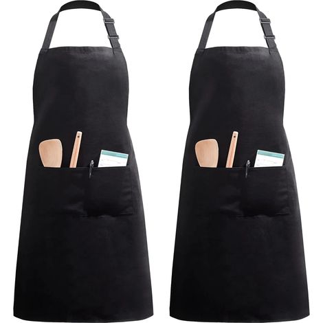 Tablier De Cuisine avec 2 Poches Réglable Cuisson à Domicile Tabliers pour Femmes Hommes Chef 2 Packs (Noir) (1/5)