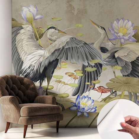 Fototapete Selbstklebend - Büro Wandgestaltung - Wanddekoration Wohnzimmer Vögel und Lilien 250x250 cm (1/5)