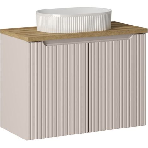 Ensemble VANO Kaschmir und Eiche 80cm: Unterschrank mit Schränken + Platte für Waschbecken + Aufsatzwaschbecken mit Rillen in Weiß