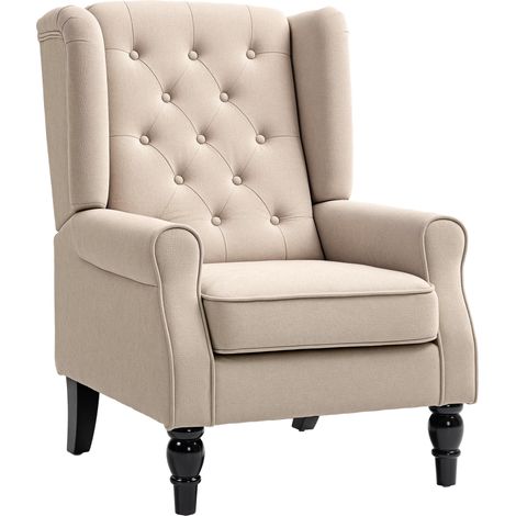 Fauteuil de salon capitonné avec assise large, pieds en bois, style classique, grand confort, 74 x 87 x 102 cm, beige