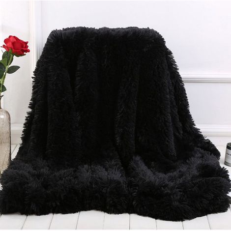 Couverture à poils longs super douce,130x160cm élégante et confortable, en fausse fourrure, pour canapé, chaise et lit,Noir (1/5)