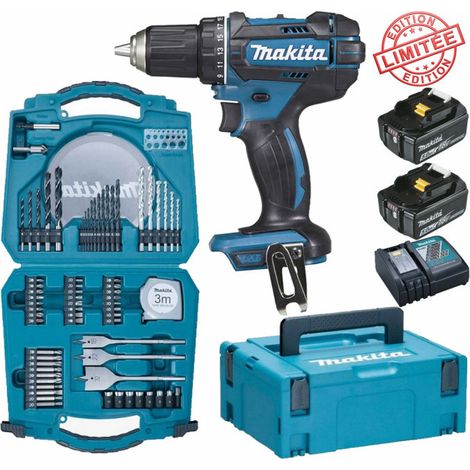 Pack cadeau Perceuse visseuse Makita 18V 62Nm DDF482 2 batt 5 Ah coffret 71 accessoires perçage vissage D-47145 (1/3)