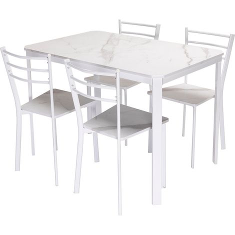 Conjunto de Mesa y 4 Sillas, Efecto Marmol Blanco y Metal. Comedor o Cocina