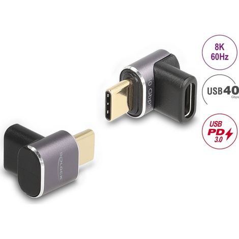 Delock USB Adaptador 40 Gbps USB Type-C⢠PD 3.0 100 W macho a puerto hembra sesgado 8K 60 Hz metal compacto