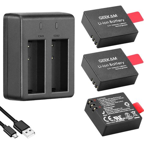 Batterie Caméra Sport, Batterie Rechargeable 1350mAh (3 pièces), avec Chargeur USB Double Trou, Compatible avec etc. (1/5)