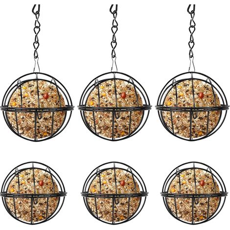 Mangeoire Oiseaux - Support Boule de Graisse Métal Noir - Diamètre 7 cm - Chaîne 24 cm - Pour Jardin Balcon Extérieur - Lot de 6