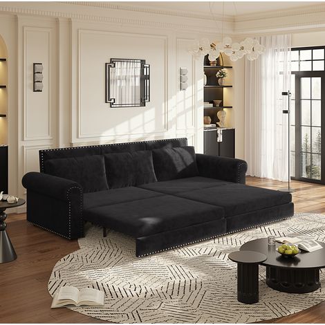 MODFU – Canapé-lit 3 places 3-en-1 coulissant 238x90x98 cm velours – Accoudoirs roulés et clous décoratifs – Mousse et ressorts ensachés – Salon – Noir (1/5)