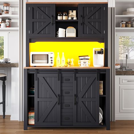 Meuble de cuisine haut (115 x 40 x 174,7 cm), buffet colonne avec portes coulissantes et éclairage LED, finition noir et blanc, rangement spacieux (1/5)