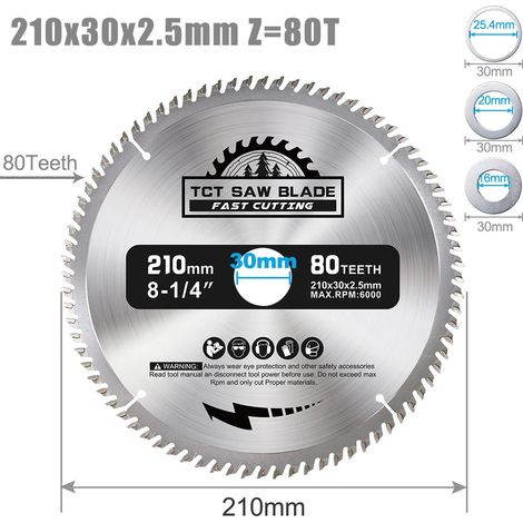 Lame de scie circulaire TCT CN210x30x2.5, diamètre 210 mm, pointe carbure, lame de coupe bois, outil travail du bois, dents 24T‑48T‑60T‑80T (1/5)