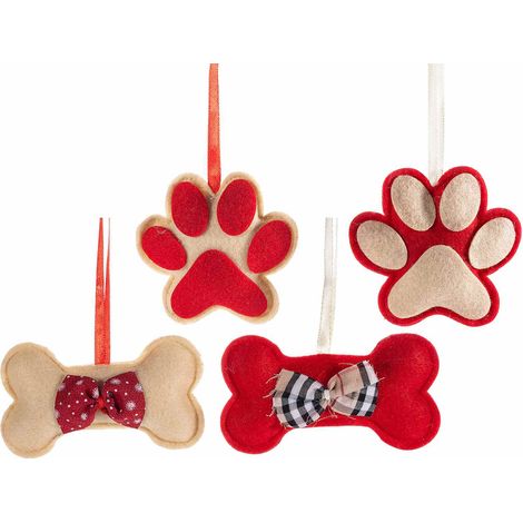 Addobbo natalizio in panno a tema cane e gatto con osso, zampina e fiocco da appendere, set da 12 pezzi, Osso: cm 11 x 6 H