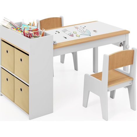 COSTWAY Bureau Enfant en Bois avec 2 Chaises & Rouleau de Papier, Table Enfant avec 4 Bacs en Tissu & 4 Compartiments & Étagères Ouvertes, Table à Dessin pour 3 Ans+, Charge 50/60kg (Naturel) (1/5)