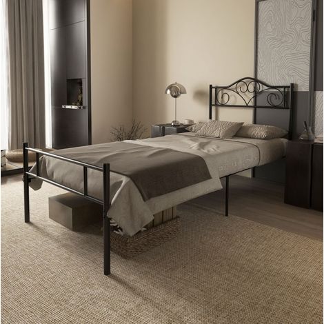 Lit simple minimaliste en acier noir 90x200 cm avec tête de lit, pied de lit et sommier à lattes (1/5)