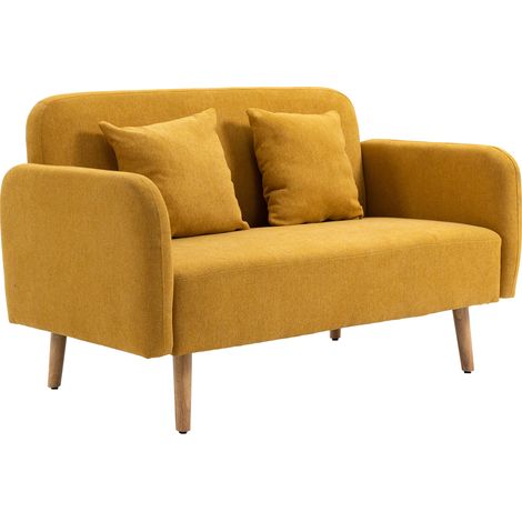 Canapé 2 places velours jaune 130x70x80 cm avec 2 coussins décoratifs - Canapé moderne rembourré pour salon, chambre, petit espace