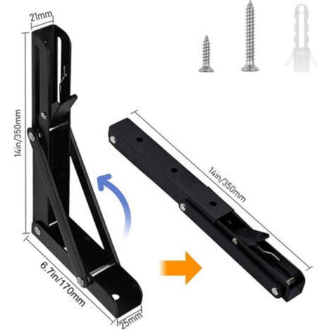 2 x Équerre murale pliante en acier inoxydable pour étagère, support mural charge maximale 80 kg, noir, longueur 350 mm