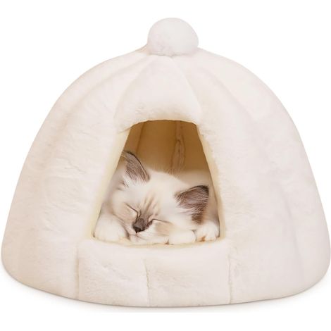 Cuccia per gatti e cani, cuccia igloo da interno con cuscino rimovibile e lavabile, tenda accogliente e calda per animali di piccola e media taglia (Bianco neve, M) (1/5)