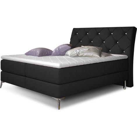 Lit design continental avec tête de lit capitonnée strass tissu noir Banky-140x200 (1/5)