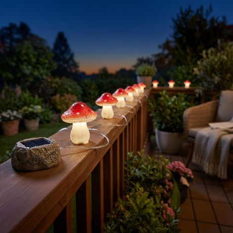 Champignon solaire éclairage de terrasse solaire pour guirlande lumineuse extérieure champignons, 6x amanites mouches, batterie LED, L 270 cm, terrasse de jardin