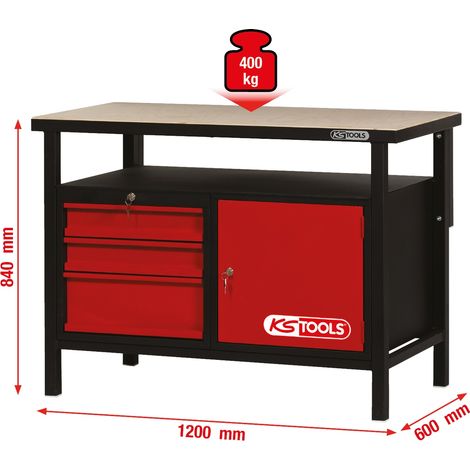 KS Tools Werkbank mit 3 Schubladen und 1 Tür, H840xB1200xT600 mm