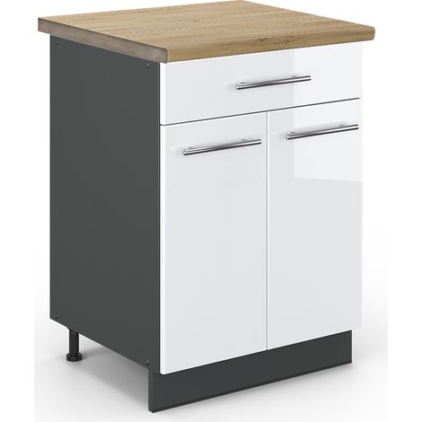 Mueble bajo de cocina Fame-Line, Blanco alto brillo, 60 cm con cajón, ET Roble, Vicco