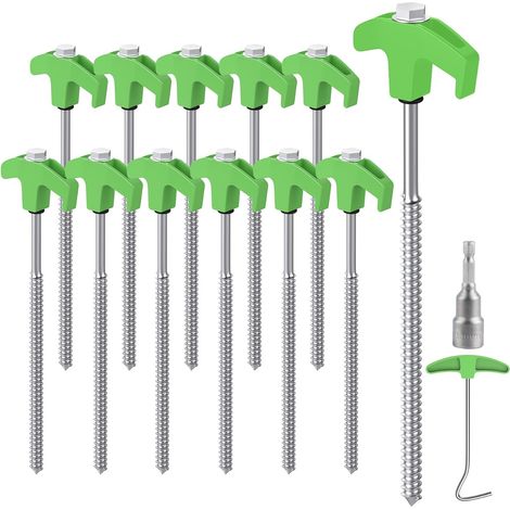 12PCS Piquets de Tente en Acier avec Foreur & Arrache Clou,25 cm Gazon Vert + Argent Sardines de Fixation Sardines Camping Crochets de Tente pour Surface Dure, (1/5)
