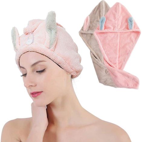 Serviettes cheveux x2, Microfibre super absorbante, Turban sèche-cheveux à bouton, Séchage rapide pour femme, Rose & Marron (1/5)